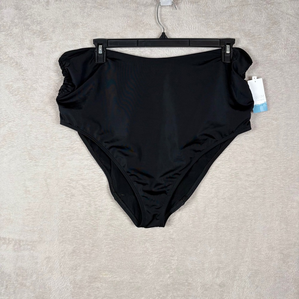 Cacique Swim Bikini Bottom Women 22 Black High Waist Ruched Brief Repreve NEW